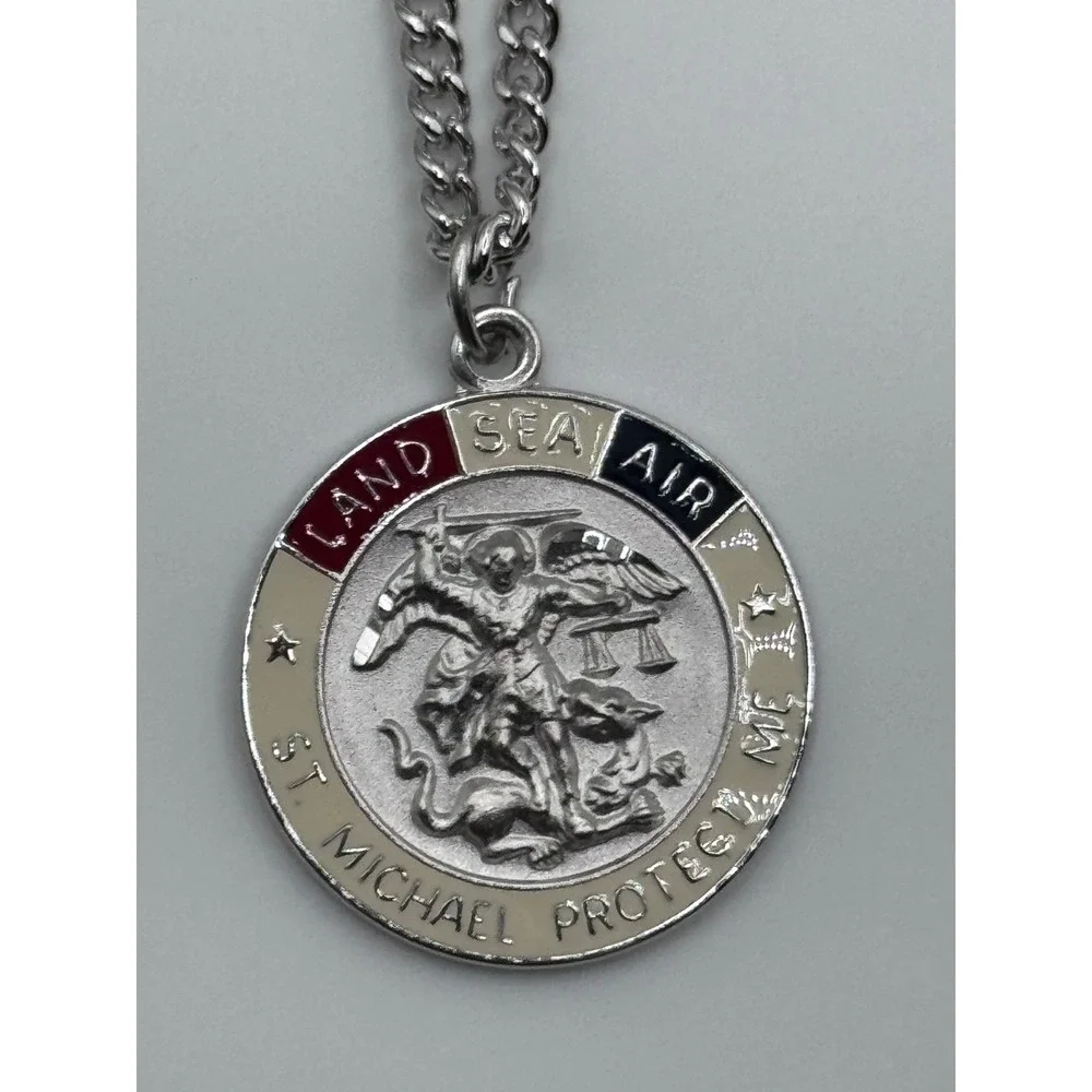 Sterling Silver Enamel St Michael Protect Me Land Sea Air Saint Medal Pendant